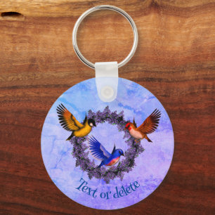 Birds On Purple Flower Wreath Personalised Key Ring