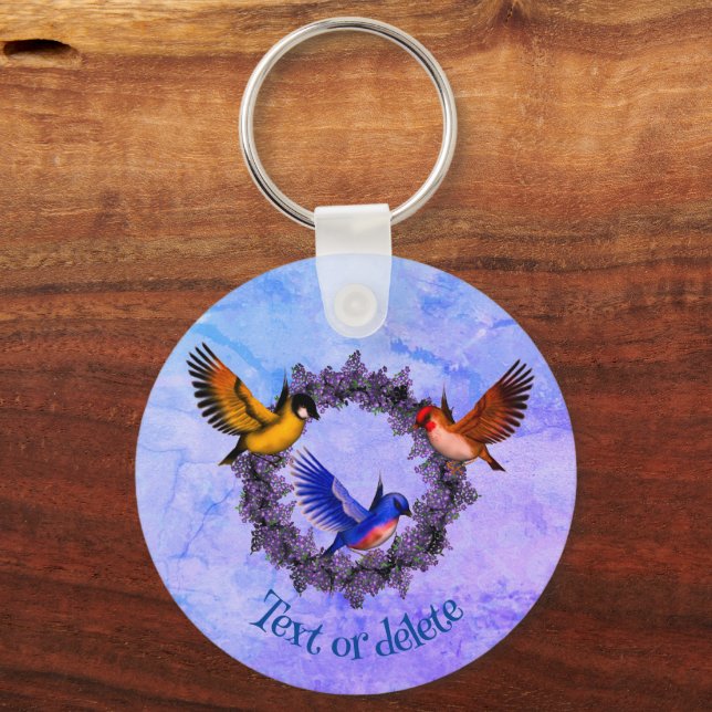Birds On Purple Flower Wreath Personalised Key Ring (Front)