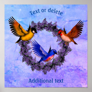 Birds On Purple Flower Wreath Personalised Poster