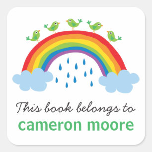 Birds on rainbow personalised bookplate book square sticker