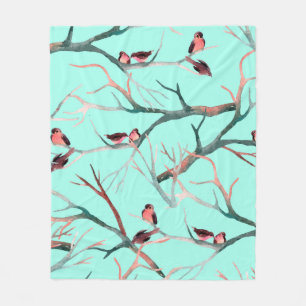 Birds on the tree branches watercolor hand painted fleece blanket