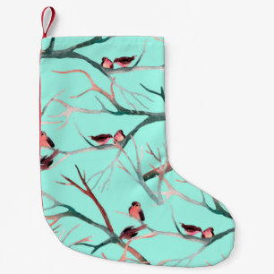 Birds on the tree branches watercolor hand painted small christmas stocking
