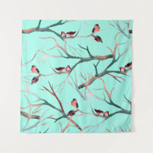 Birds on the tree branches watercolor hand painted tapestry