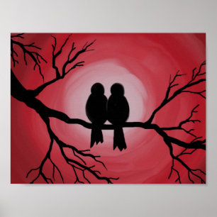 Birds on tree branch. Sunset, sunrise silhouette. Poster