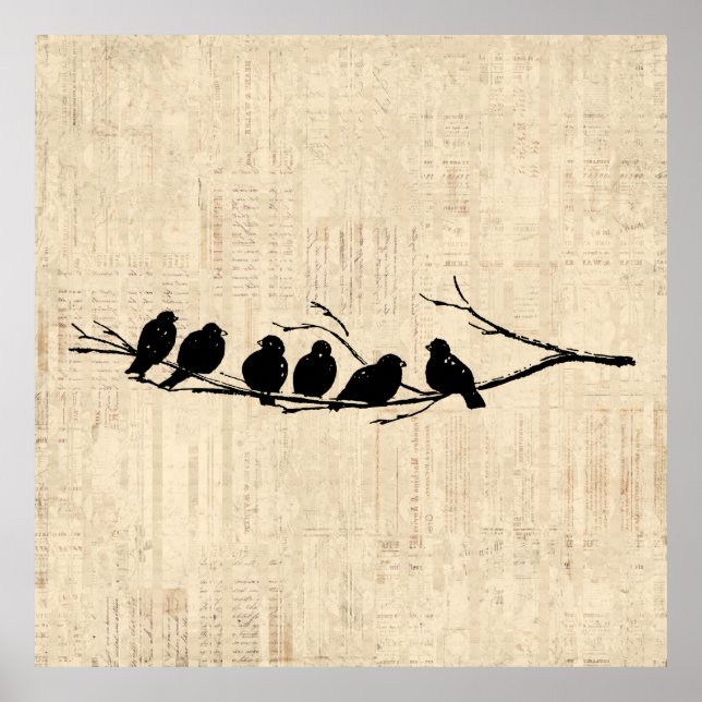 Birds on Tree Branch Vintage Bird Art Poster (Front)