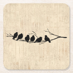 Birds on Tree Branch Vintage Bird Art Square Paper Coaster