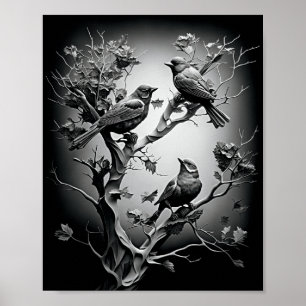 Birds On Tree Branches Black And White Birds Poster