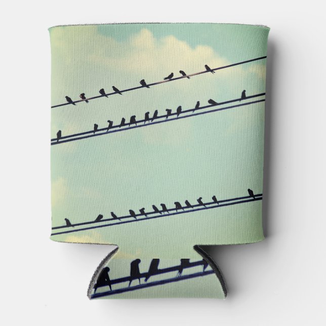 Birds on wires, vintage blue sky. can cooler (Front)