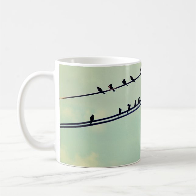 Birds on wires, vintage blue sky. coffee mug (Left)