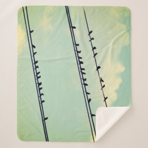 Birds on wires, vintage blue sky. sherpa blanket