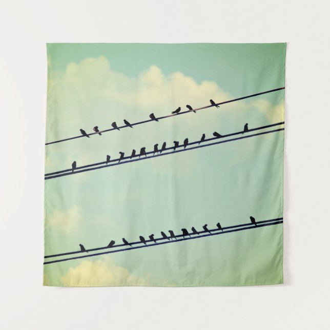 Birds on wires, vintage blue sky. tapestry (Front)