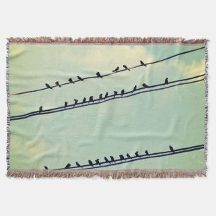 Birds on wires, vintage blue sky. throw blanket