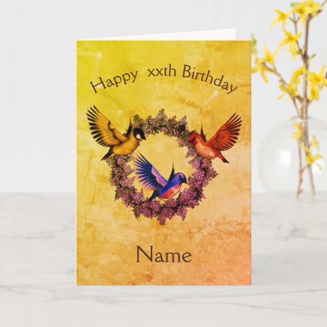 Birds On Wreath Personalised Birthday  Card (Yellow Flower)