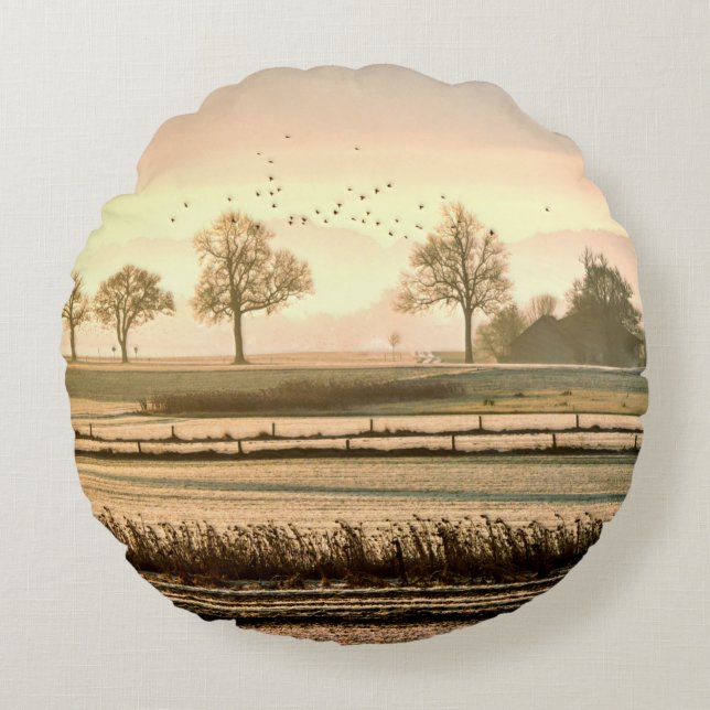 Birds Over Pasture and Meadow Round Cushion (Front)