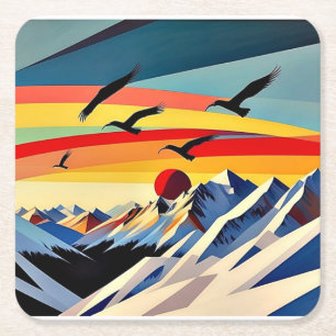 Birds over snowy mountains at sunset square paper coaster