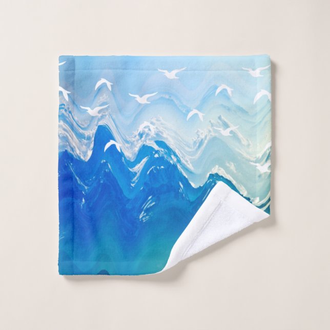 Birds over the Sea Waves Bath Towel Set (Wash Cloth)