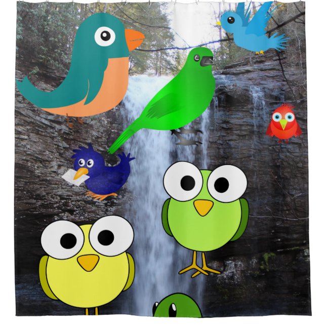 birds owls waterfall children's shower curtain (Front)