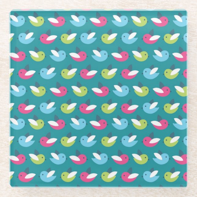 Birds pattern Blue Glass Coaster (Front)