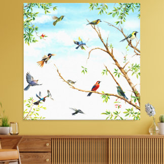 Birds Perched and Flying Through Trees Canvas Print