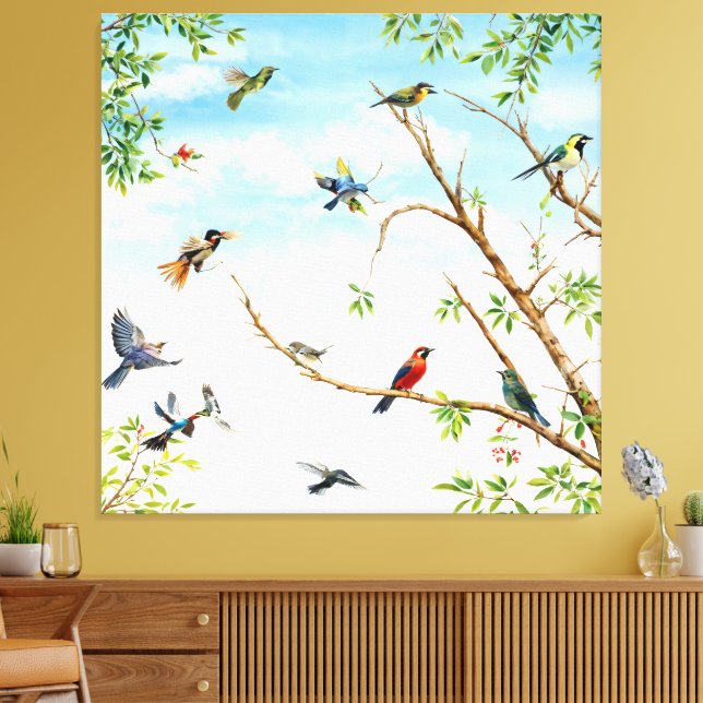 Birds Perched and Flying Through Trees Canvas Print (Insitu(LivingRoom))
