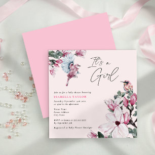 Birds & Pink Floral Girl Baby Shower Invitation