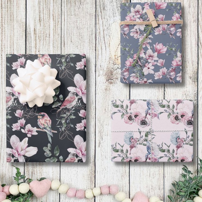 Birds Pink Flowers Watercolor Botanical Pattern Wrapping Paper Sheet (Birds and Pink Flowers Watercolor Botanical Pattern Wrapping Paper Sheets)
