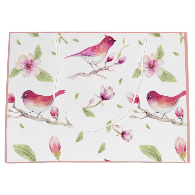 Birds Pink White Flowers Floral Pattern Large Gift Bag (Front)