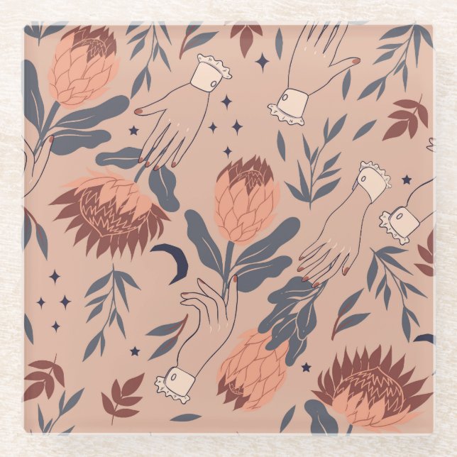 Birds & Proteas: Vintage Hand Graphics Glass Coaster (Front)