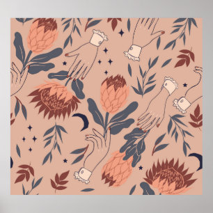 Birds & Proteas: Vintage Hand Graphics Poster