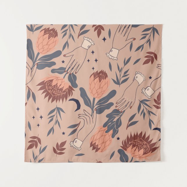Birds & Proteas: Vintage Hand Graphics Tapestry (Front)