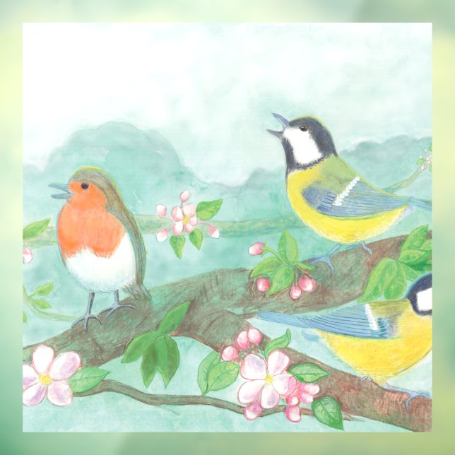Birds sing on a blossoming tree branch in spring  window cling (Sheet 3)