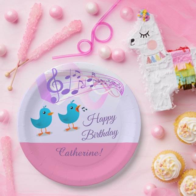 Birds Singing Happy Birthday Girly Pink Music Note Paper Plate (Party)