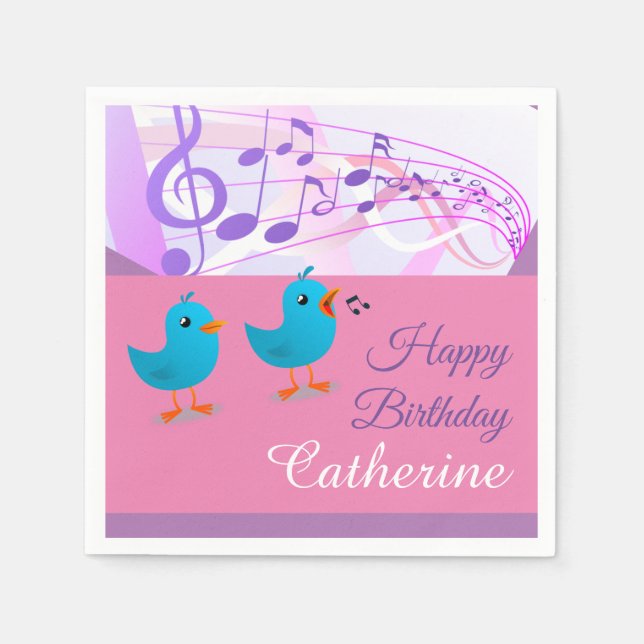 Birds Singing Happy Birthday Music Note Funny Cute Napkin (Front)