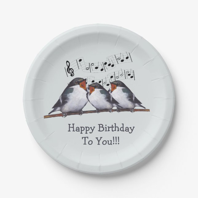 Birds Singing Happy Birthday, Original Art Paper Plate (Front)