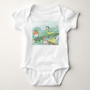 Birds singing on a blossoming tree branch  baby bodysuit