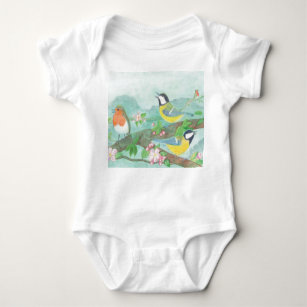 Birds singing on a blossoming tree branch  baby bodysuit
