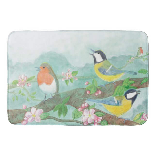 Birds singing on a blossoming tree branch  bath mat (Front)