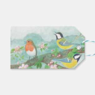 Birds singing on a blossoming tree branch  gift tags