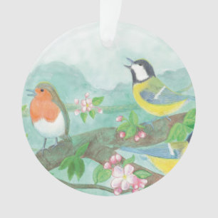 Birds singing on a blossoming tree branch  glass o ornament