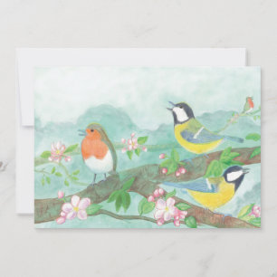 Birds singing on a blossoming tree branch  holiday card