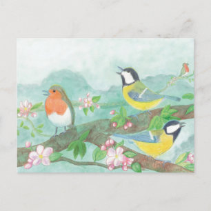Birds singing on a blossoming tree branch holiday postcard