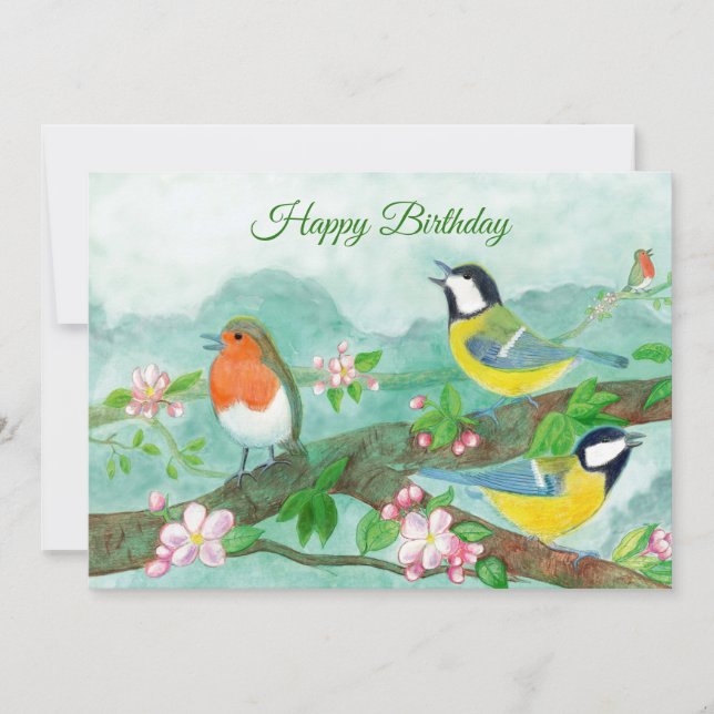 Birds singing on a blossoming tree branch  invitation (Front)