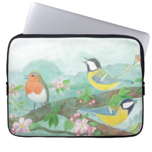 Birds singing on a blossoming tree branch laptop sleeve