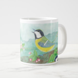 Birds singing on a blossoming tree branch large coffee mug