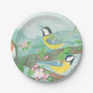 Birds singing on a blossoming tree branch paper plate