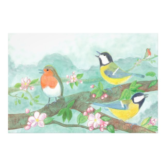 Birds singing on a blossoming tree branch photo print (Front)
