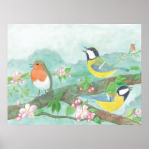 Birds singing on a blossoming tree branch