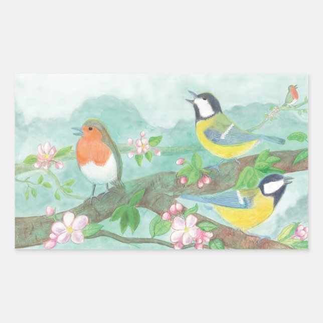 Birds singing on a blossoming tree branch  rectangular sticker (Front)