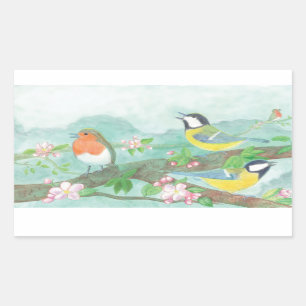 Birds singing on a blossoming tree branch rectangular sticker