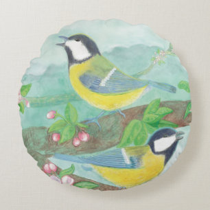 Birds singing on a blossoming tree branch round cushion
